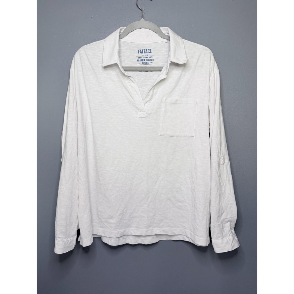 Fat Face Shirt Women 10 White Organic Cotton Roll Tab Collared Pocket Popover Te
